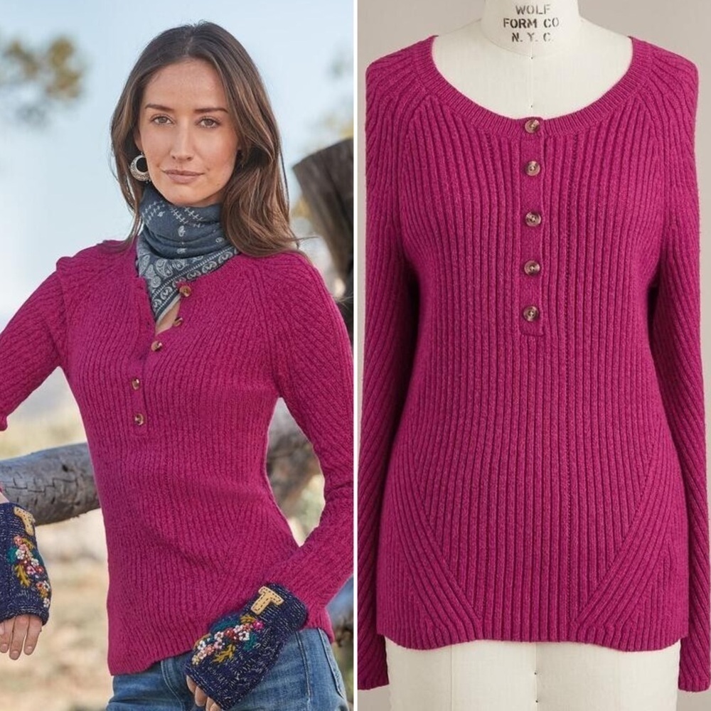 Sundance Berry Pink Birdie Ribbed Henley
Button Up Sweater Size Small